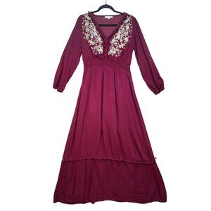 Andree By Unit Womens Embroidered Long Sleeves Maxi Dress Size L Burgundy Boho